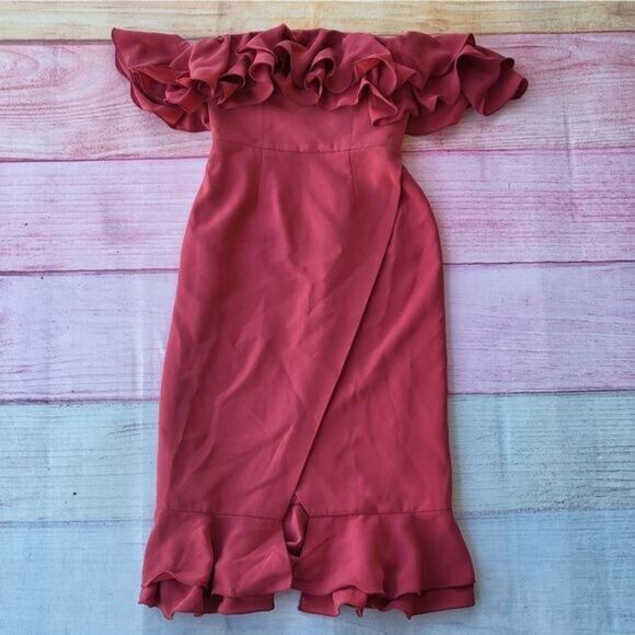 C/Meo Collective‎ Rose Immerse Off The Shoulder Layered Ruffle Midi Sheath Dress - Picture 3 of 13